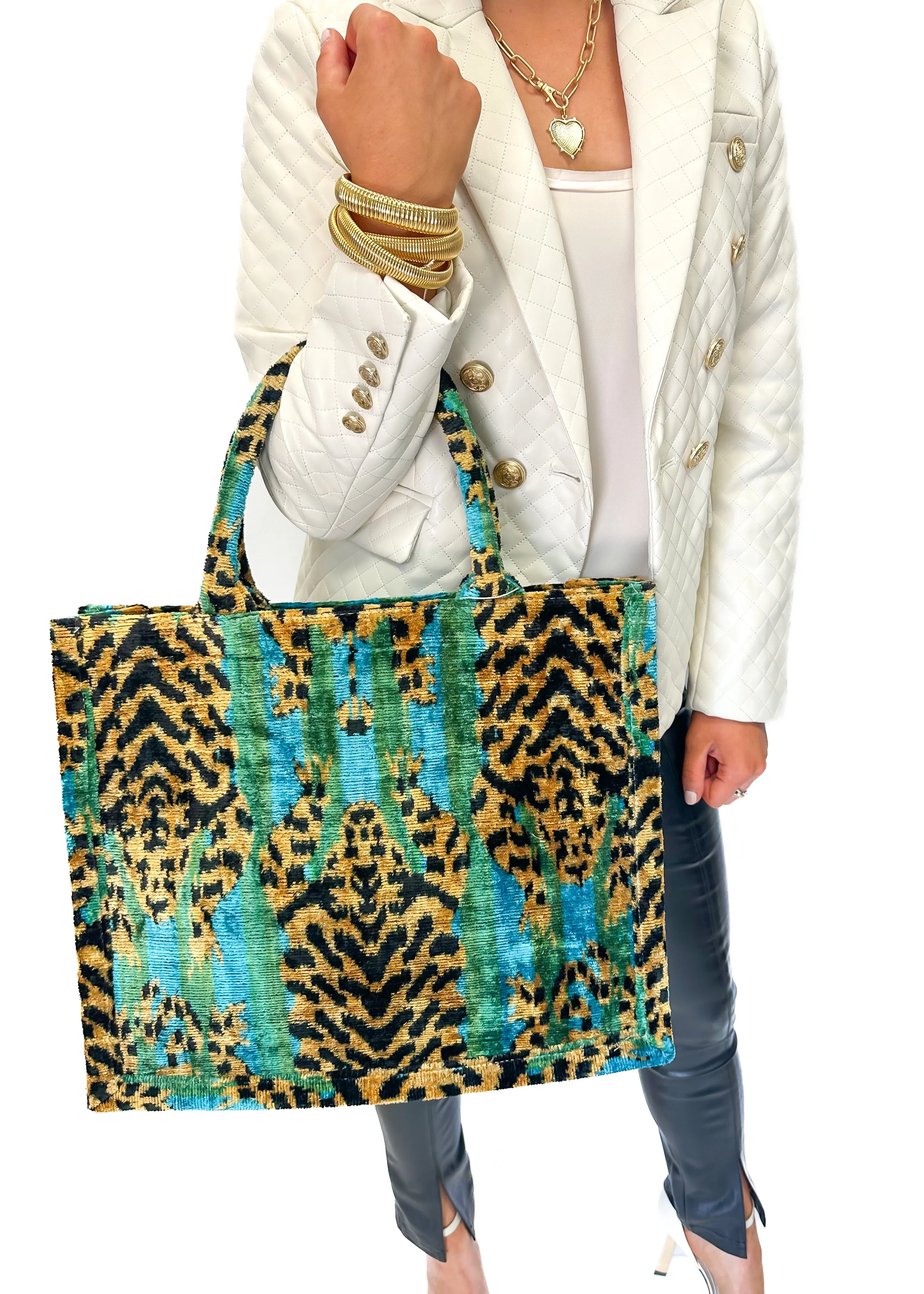 Wolf & Willa Large Tote Ikat Handle - Big Cat Blue