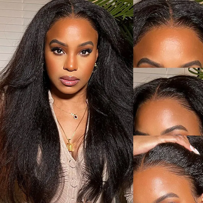 Yaki Straight Natural Black 13x4 Lace Front Human Hair Wigs Free Part
