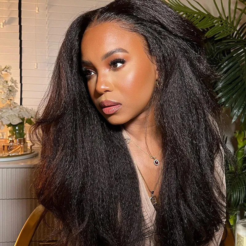 Yaki Straight Natural Black 13x4 Lace Front Human Hair Wigs Free Part